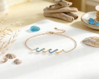 18K Gold Plated Sterling Silver Wave Bracelet, Ocean CZ Hand Chain, Dainty Minimalist Jewelry