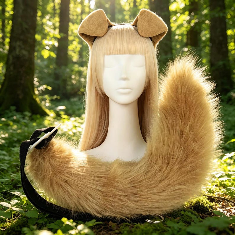 May include: A tan fox tail and matching ear headband set. The fluffy tail is attached to a black belt with a silver ring. The ears are on a brown headband. The items are displayed on a mannequin head with long blonde hair.