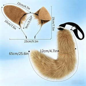May include: A brown faux fur animal ear headband and tail set. The ears are 7.5 inches tall and 4.7 inches wide. The tail is 25.6 inches long and 4.7 inches wide. The headband is 9.1 inches wide. Perfect for cosplay or costume parties.