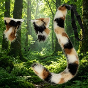 Cerchietto con orecchie da gatto calico e coda, simpatico accessorio per cosplay fursuit, morbide orecchie di animale pelose per Comic Con, feste e pelliccia sintetica, cosplay