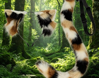 Flauschiges Calico Katzenohren Stirnband mit Schwanz, süße Fursuit Cosplay Requisite, weiche pelzige Tierohren für Comic Con, Party & Kunstpelz, Cosplay