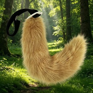 May include: A plush, light brown tail with a black strap and a silver ring. The tail is curved and fluffy, with a white accent at the base. The background is a lush green forest with sunlight filtering through the trees.