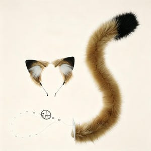 May include: A cosplay set featuring a pair of cat ears on a headband, a fluffy tail, and a clear choker. The ears are brown, black, and white. The tail is brown with a black tip. The choker has a silver-colored clasp.