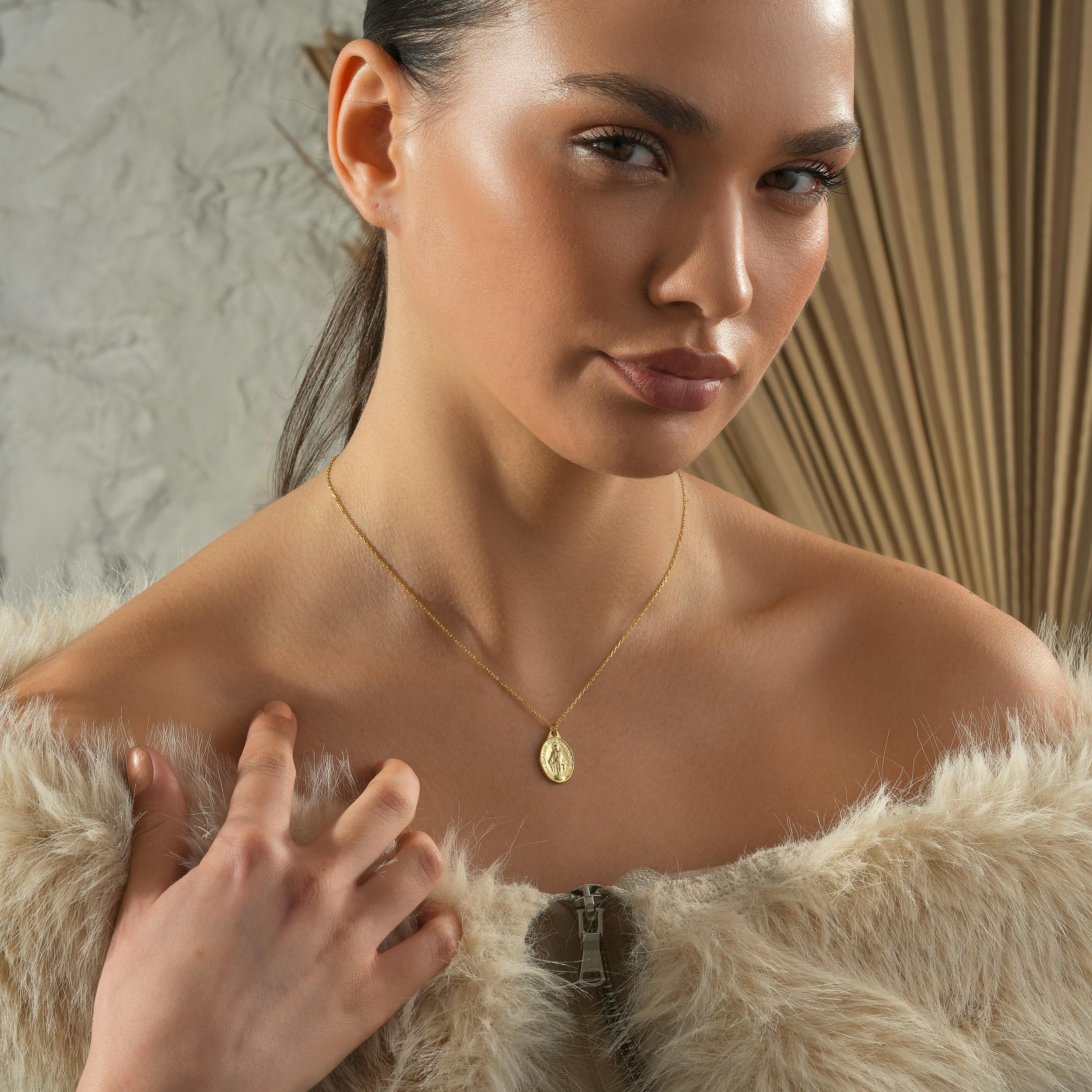 14K Gold Dainty Virgin Mary Necklace With Cross, Miraculous Pendant ...