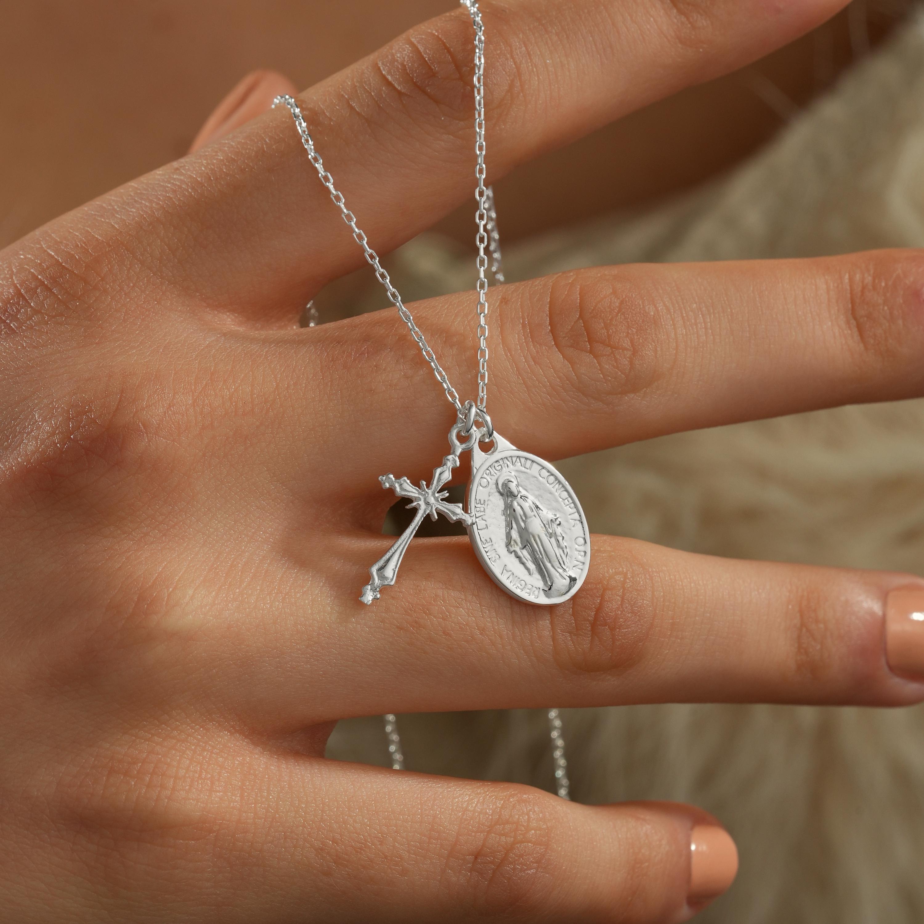 14K Gold Dainty Virgin Mary Necklace With Cross, Miraculous Pendant ...