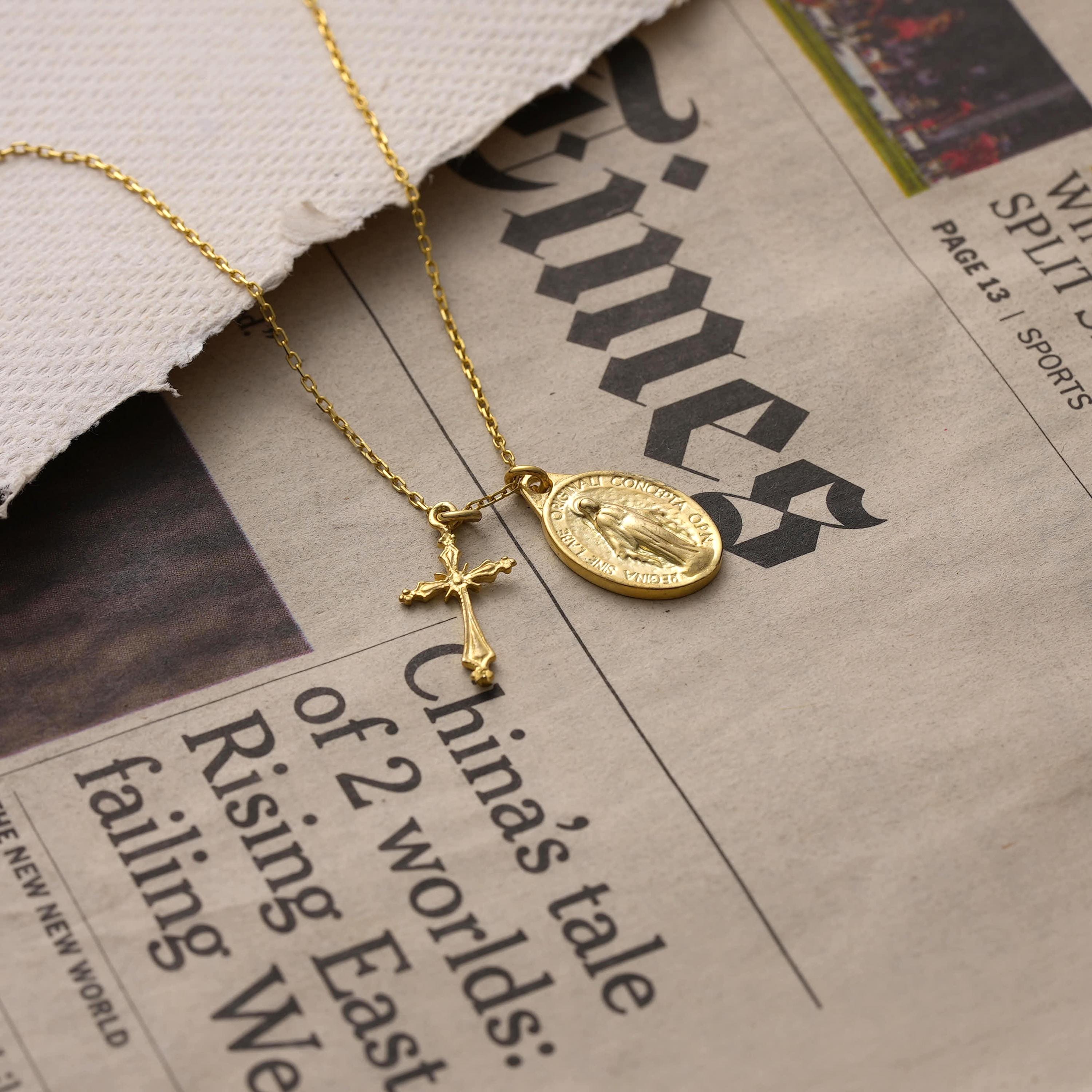 14K Gold Dainty Virgin Mary Necklace With Cross, Miraculous Pendant ...