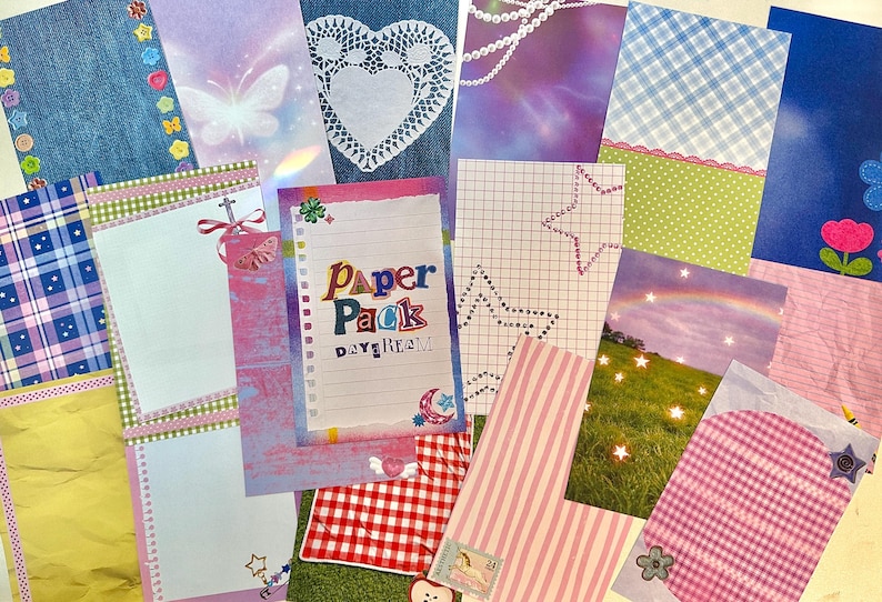 May include: A collection of decorative paper sheets with various patterns and designs. Includes denim, plaid, gingham, and striped patterns. Some sheets feature butterflies, stars, and the text "Paper Pack Daydream". The color palette includes pink, blue, and green.