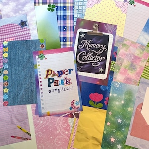 May include: A collection of decorative paper sheets with various patterns and designs. Includes lined paper, denim-textured paper, and paper with floral and star motifs. One sheet has the text "Paper Pack Daydream" and another says "Memory Collector".