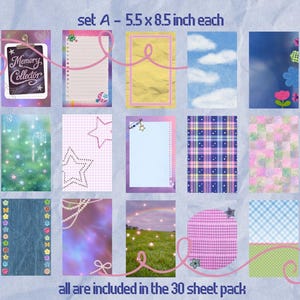 May include: A set of 15 decorative paper sheets, each 5.5 x 8.5 inches, with various designs. The designs include lined paper, clouds, stars, plaid patterns, and a chalkboard with the text "Memory Collector". The set includes 30 sheets.