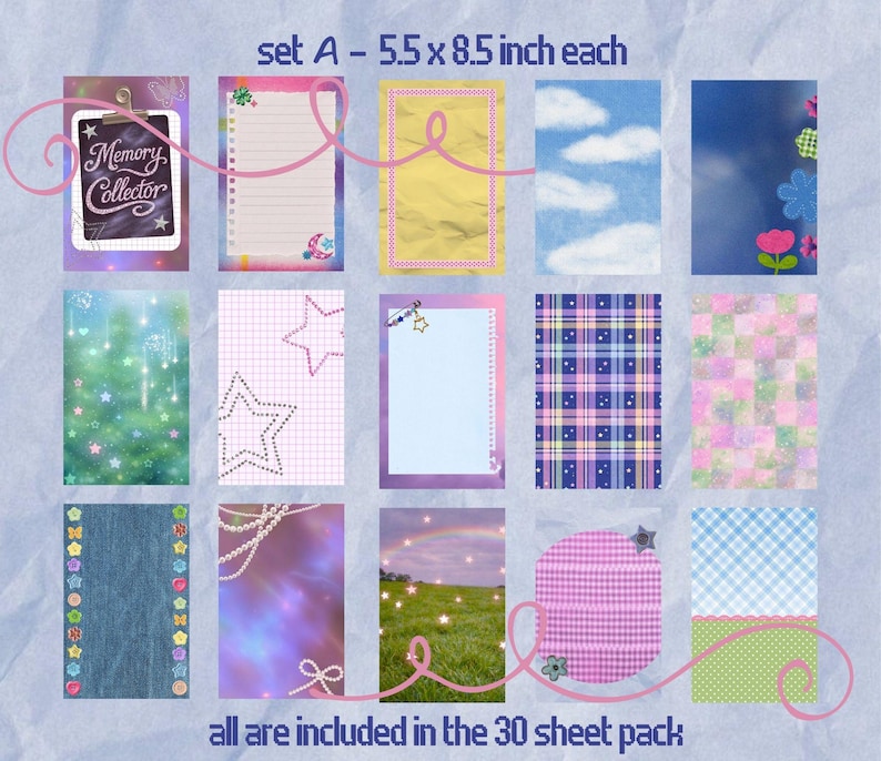 May include: A set of 15 decorative paper sheets, each 5.5 x 8.5 inches, with various designs. The designs include lined paper, clouds, stars, plaid patterns, and a chalkboard with the text "Memory Collector". The set includes 30 sheets.