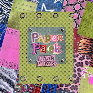 May include: A rectangular lime green paper pack with a dotted texture and metal grommets along the top and bottom edges. A central denim-textured patch features the text PAPER PACK and PUNK PRINCESS in a colorful, cut-out collage style font.