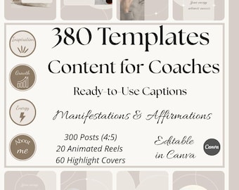 380 Instagram-mallar Canva, manifestationsinnehåll för coacher, affirmationer, reels, kit för sociala medier