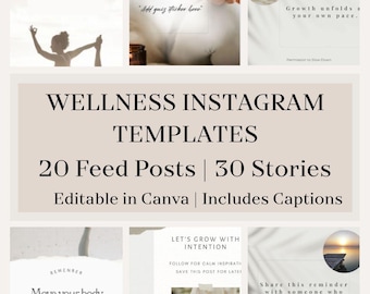 Paket med mallar för välbefinnande på Instagram – 50 inlägg/stories, minimalistiskt Canva-kit för sociala medier