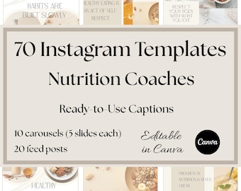 Mallar för Instagram Canva för kostcoacher | 70 hälsoinlägg | Minimalistiskt kit för sociala medier