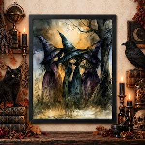 Halloween Room Art Print, Three Witches Under Woodland Canopy, Matte Paper - UNFRAMED