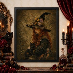 Floral Witch Art Wall Art Print, Black Cat Gothic Botanical Portrait