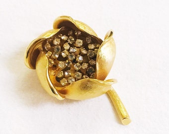 Vintage Goldtone Flower Brooch with Crystal Accents