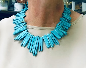 Vintage Cleopatra Style Turquoise Block Stick Tooth Statement Necklace