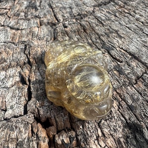 May include: A clear, golden-yellow crystal carving of a frog. The frog is detailed with visible internal structures and sits on a weathered, textured wooden surface. The crystal has a network of golden inclusions.