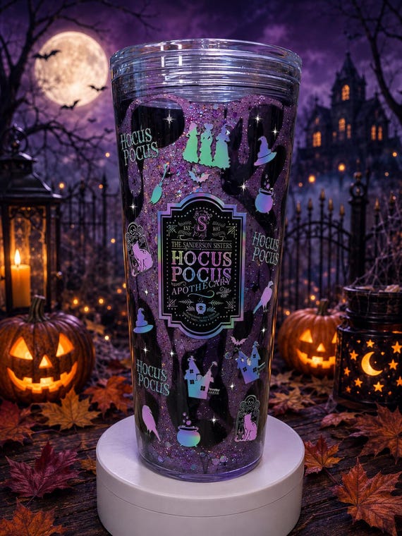 24oz Halloween Snow Globe Tumbler | Hocus Pocus or Dr. Facilier Inspired | Purple Lava Glitter Tumbler | Handmade Halloween Cup | Shadow Man