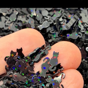 May include: A collection of small, black cat-shaped sequins featuring a holographic finish that reflects multi-colored light. Each individual piece is shaped like a sitting cat with a curved tail, designed for decorative craft applications.