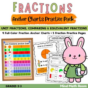 Può includere: Pacchetto di risorse didattiche per le classi 2-3, con grafici di frazioni e fogli di esercizi. Include grafici colorati su frazioni unitarie, confronto e frazioni equivalenti. È inclusa anche una simpatica illustrazione di un coniglietto rosa.