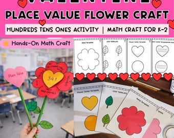 Manualidad de flores con valor posicional para San Valentín / Actividad de centenas, decenas y unidades / Manualidad matemática para jardín de infantes y 1.er grado