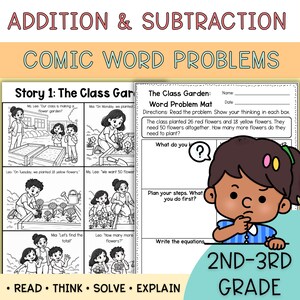 Może przedstawiać: Zestaw arkuszy edukacyjnych zatytułowany Addition & Subtraction Comic Word Problems dla klas 2-3. Zawiera komiks o szkolnym ogrodzie oraz arkusz zadań z sekcjami do planowania kroków i zapisywania równań matematycznych.