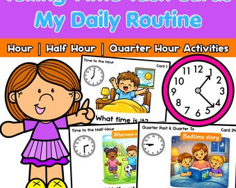 ¡Diversión para aprender a decir la hora! Tarjetas de actividades para la rutina diaria de matemáticas de 1.º y 2.º grado.