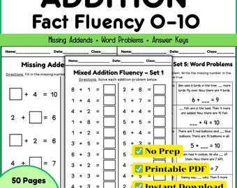 Hojas de trabajo de sumas del 0 al 10 / Práctica de fluidez en operaciones matemáticas / PDF imprimible / Jardín de infantes y 1.er grado