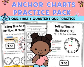 Tablas y hojas de trabajo para decir la hora: práctica de horas, medias y cuartos (PDF imprimible)