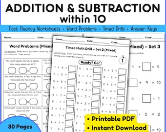 Hojas de trabajo de suma y resta / Fluidez en operaciones matemáticas, jardín de infantes, 1.er grado (PDF imprimible)
