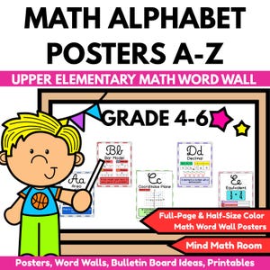 Könnte beinhalten: Mathematik-Alphabet-Poster A-Z für eine mathematische Wortwand in der Grundschule, Klasse 4-6. Eine Zeichentrickfigur zeigt auf Lernposter mit Buchstaben und mathematischen Konzepten wie Balkendiagramm, Dezimalzahl, Koordinatenebene und Brüche.