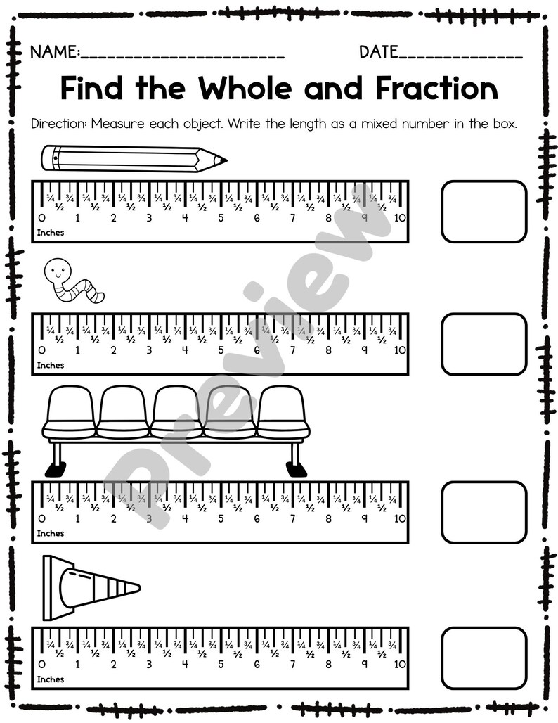 Pode incluir: Folha de trabalho em preto e branco intitulada "Find the Whole and Fraction". A folha de trabalho inclui r&eacute;guas marcadas em polegadas e imagens de um l&aacute;pis, um verme, um banco e um cone. Os alunos s&atilde;o instru&iacute;dos a medir cada objeto e escrever o comprimento como um n&uacute;mero misto.