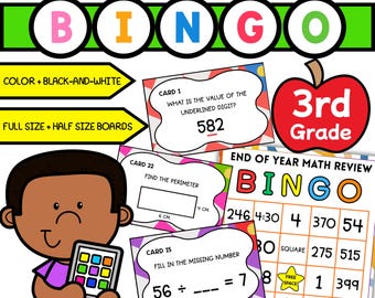 Bingo de repaso de matemáticas de tercer grado para el final del año escolar: Preparación divertida para el examen y centros de actividades atractivos.
