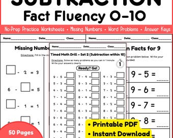 Hojas de trabajo de restas del 0 al 10 / Práctica de fluidez en operaciones matemáticas / PDF imprimible / Jardín de infantes y 1.er grado