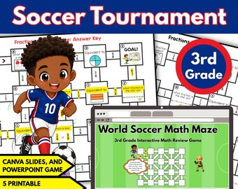 Repaso del laberinto matemático de fútbol mundial para tercer grado / Juego imprimible e interactivo (Canva y PowerPoint)