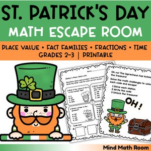Könnte beinhalten: Ein Mathe-Escape-Room-Ausdruck zum Thema St. Patrick's Day für die Klassen 2-3. Das Design zeigt einen Leprechaun mit grünem Hut und ein Arbeitsblatt mit Matheaufgaben. Der Text enthält "Stellenwert", "Faktenfamilien", "Brüche" und "Zeit".