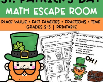 Sala de escape de matemáticas del Día de San Patricio / Actividad imprimible de repaso de matemáticas para 2.º y 3.º grado