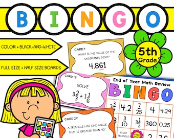 Juego de bingo de matemáticas de 5.º grado: repaso de fin de año (actividad imprimible de matemáticas)