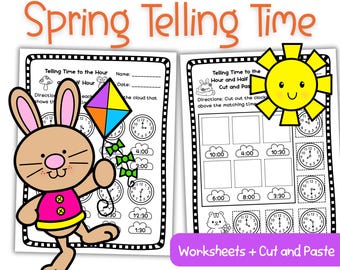 Hojas de trabajo y actividades para aprender a decir la hora en primavera / Hora y media hora / Matemáticas para K-1