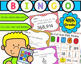 Bingo de repaso de matemáticas de 4.º grado al final del año escolar: Preparación divertida para el examen y centros de actividades atractivos.