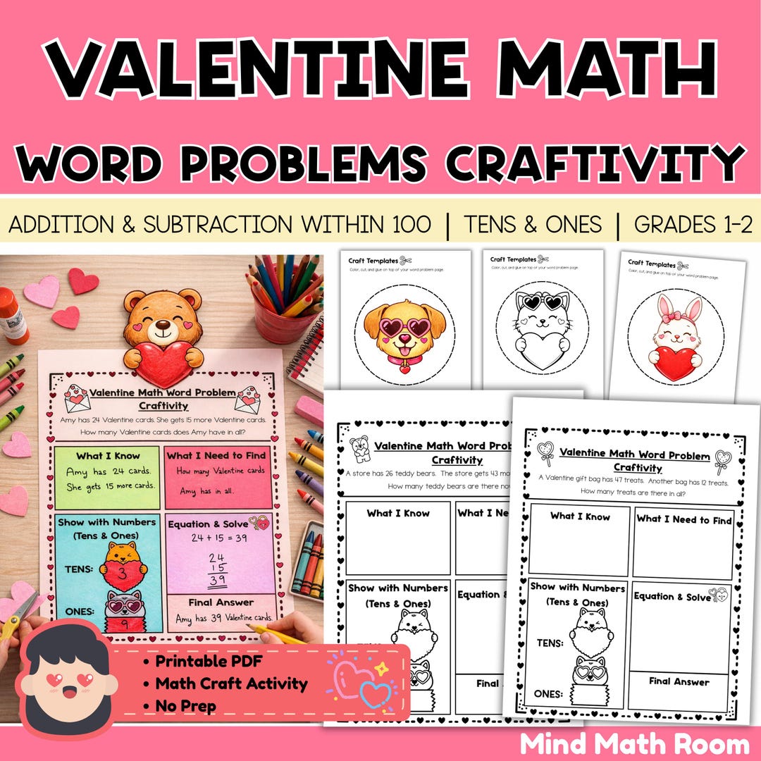Valentine Math Word Problems Craft | Addition & Subtraction Within 100 ...