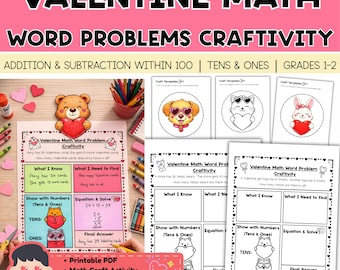 Problemas matemáticos de San Valentín: Manualidades / Sumas y restas hasta 100 / Grados 1-2