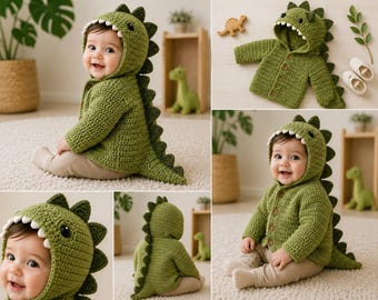 Modello PDF per cardigan da neonato all'uncinetto a forma di dinosauro, maglione con cappuccio a forma di dinosauro con punte, da neonato a 24 mesi, giacca amigurumi fai da te per neonati