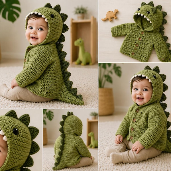 Patrón PDF de cárdigan de bebé de dinosaurio a crochet, suéter de dinosaurio con capucha y pinchos, de recién nacido a 24 meses, chaqueta de bebé amigurumi DIY