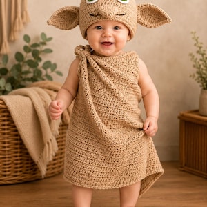 May include: A beige crochet outfit consisting of a sleeveless tunic with a knotted shoulder strap and a matching hat featuring large pointed ears, a prominent nose, and green eyes with white accents, crafted in a textured yarn stitch pattern.