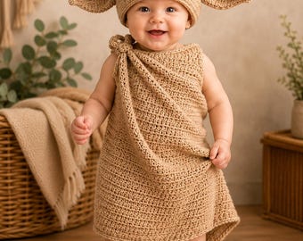 May include: A beige crochet outfit consisting of a sleeveless tunic with a knotted shoulder strap and a matching hat featuring large pointed ears, a prominent nose, and green eyes with white felt accents, crafted in a textured yarn pattern.