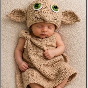 Dobby Inspired Crochet Baby Hat Pattern PDF, Elf Hat with Ears, Newborn Halloween Costume, Baby Cocoon Wrap Pattern, Fantasy Crochet Outfit