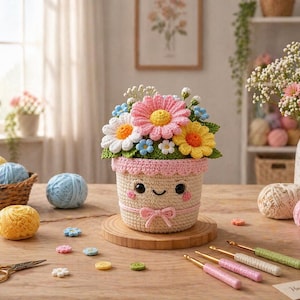 Puede incluir: Una maceta de flores de ganchillo con una cara sonriente y un lazo rosa, llena de flores de ganchillo coloridas. La escena incluye ovillos de lana, ganchillos y botones decorativos sobre una mesa de madera, lo que sugiere un proyecto artesanal.